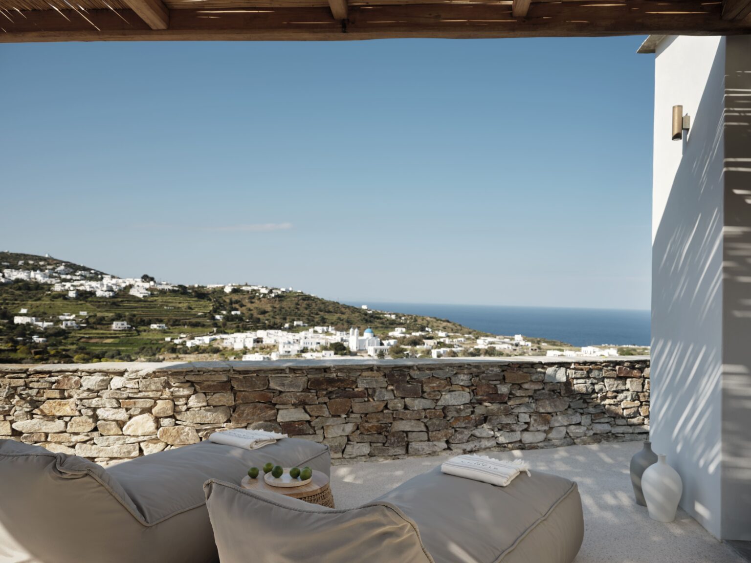 Stamna Sifnos Select Green Hotels comfortable sunbeds with view over Sifnos greek architecture calming colours
